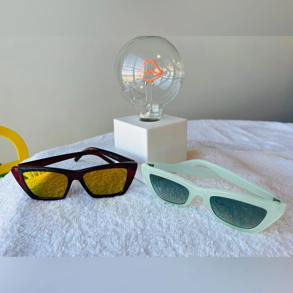 Men’s / Unisex Two Cat-Eye Sunglasses Pair - Mint & Burgundy with Mirrored Duo - Picture 2 of 10
